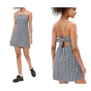 American Eagle Gingham Tie Back Mini Dress Womens L Black Linen Blend Beach